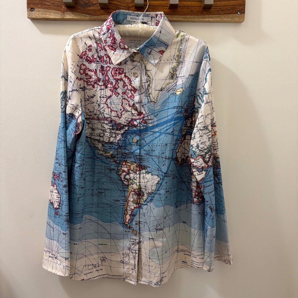 MISSLOOK Womens Globe Print Shirt Blouse Size L Adventurer World Traveler